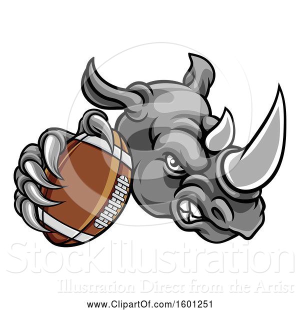 Vector Illustration of Tough Rhino Monster Mascot Holding out an American Football in One Clawed Paw