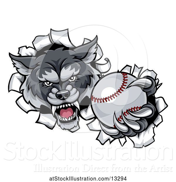 Vector Illustration of Tough Wolf Monster Mascot Holding out a Baseball in One Clawed Paw and Breaking Through a Wall