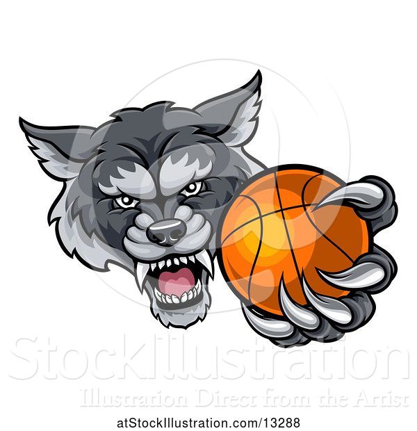 Vector Illustration of Tough Wolf Monster Mascot Holding out a Basketball in One Clawed Paw