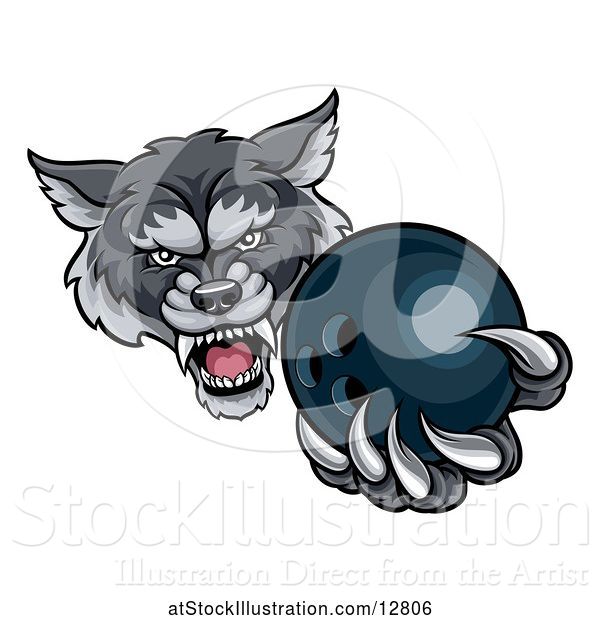 Vector Illustration of Tough Wolf Monster Mascot Holding out a Bowling Ball in One Clawed Paw