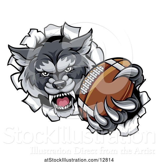 Vector Illustration of Tough Wolf Monster Mascot Holding out a Football in One Clawed Paw and Breaking Through a Wall