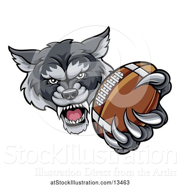 Vector Illustration of Tough Wolf Monster Mascot Holding out a Football in One Clawed Paw