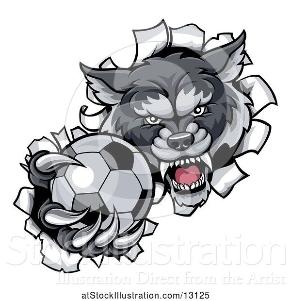 Vector Illustration of Tough Wolf Monster Mascot Holding out a Soccer Ball in One Clawed Paw and Breaking Through a Wall
