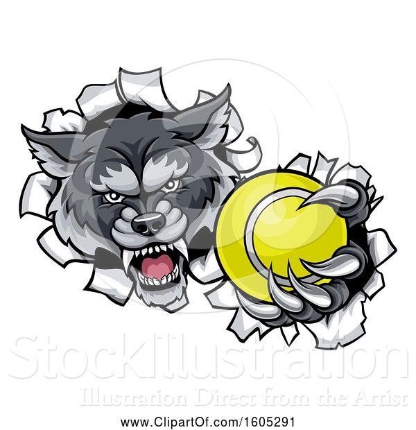 Vector Illustration of Tough Wolf Monster Mascot Holding out a Tennis Ball in One Clawed Paw and Breaking Through a Wall