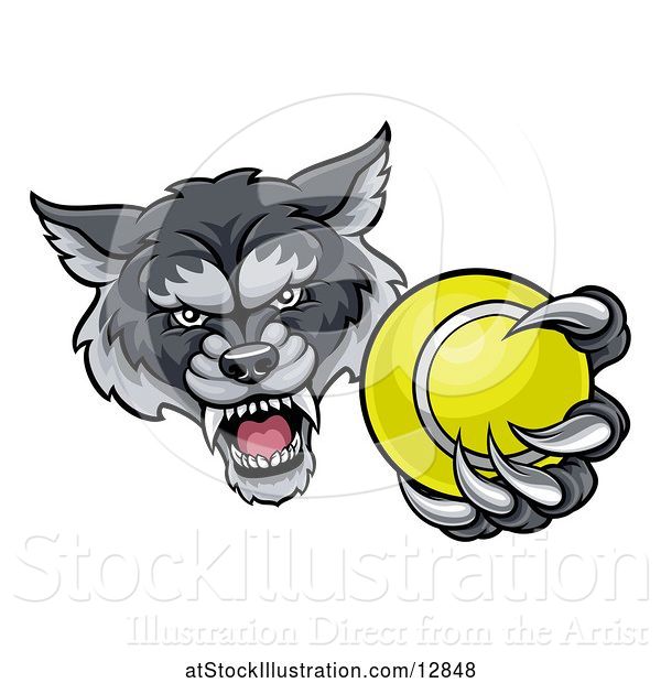 Vector Illustration of Tough Wolf Monster Mascot Holding out a Tennis Ball in One Clawed Paw