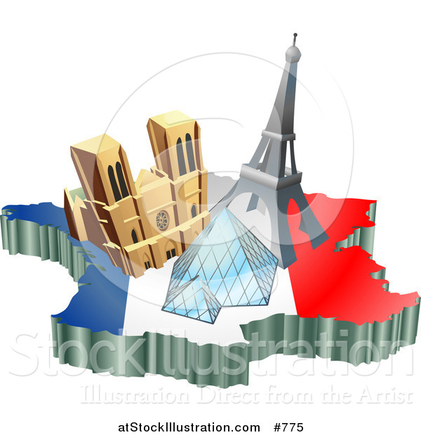 Vector Illustration of Tourist Attractions of Notre Dame De Paris Cathedral, Eiffel Tower, and the Louvre Pyramid over a Map and French Flag