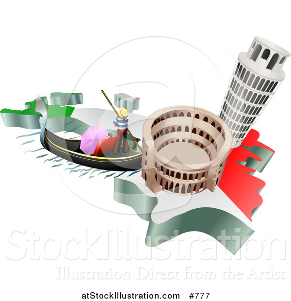 Vector Illustration of Tourist Attractions of the Leaning Tower of Pisa, Roman Coliseum Flavian Amphitheatre and Venice Italy Gondola and Italian Flag