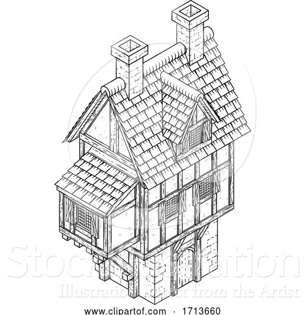 Vector Illustration of Town House Fantasy Vintage Tudor Building Map Icon
