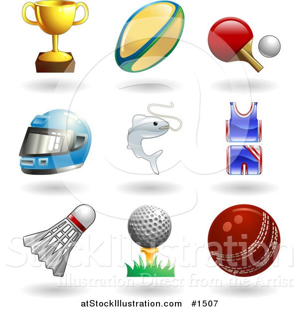 Vector Illustration of Trophy Cup, Rugby Ball, Ping Pong Paddle and Ball, Helmet, Fish, Uniform, Shuttlecock, Golfball on Tee and a Cricket Ball