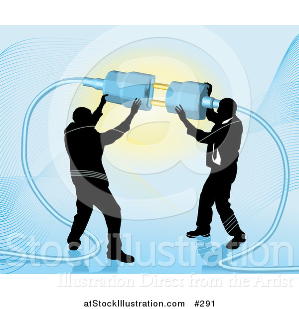 Vector Illustration of Two Businessmen Working Together to Connect a Plug and Socket over Blue