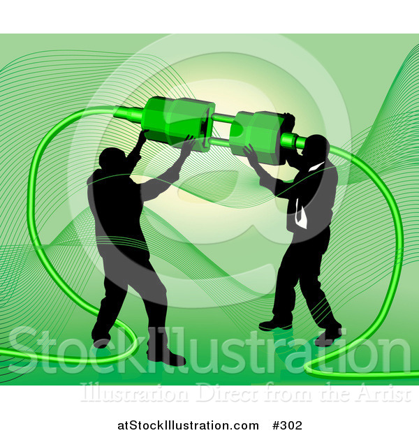 Vector Illustration of Two Businessmen Working Together to Connect a Plug and Socket over Green