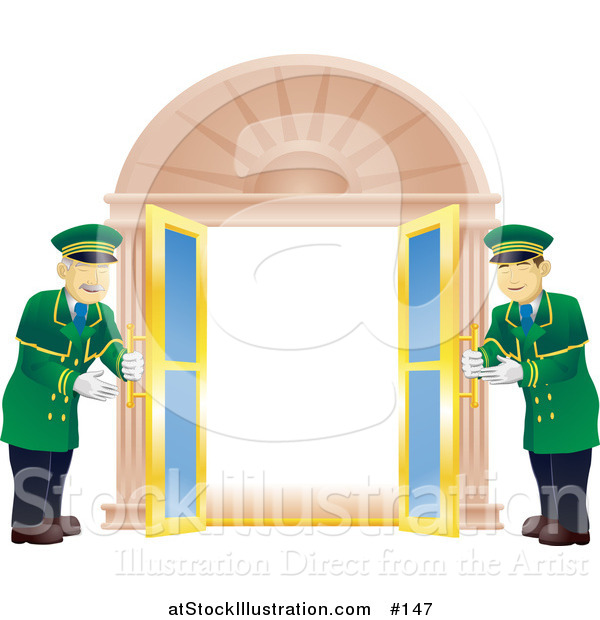 Vector Illustration of Two Friendly Door Men in Green Uniforms, Opening Double Doors