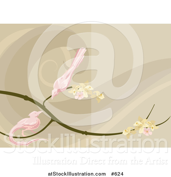 Vector Illustration of Two Pink Birds Perched on a Branch with Blossoms