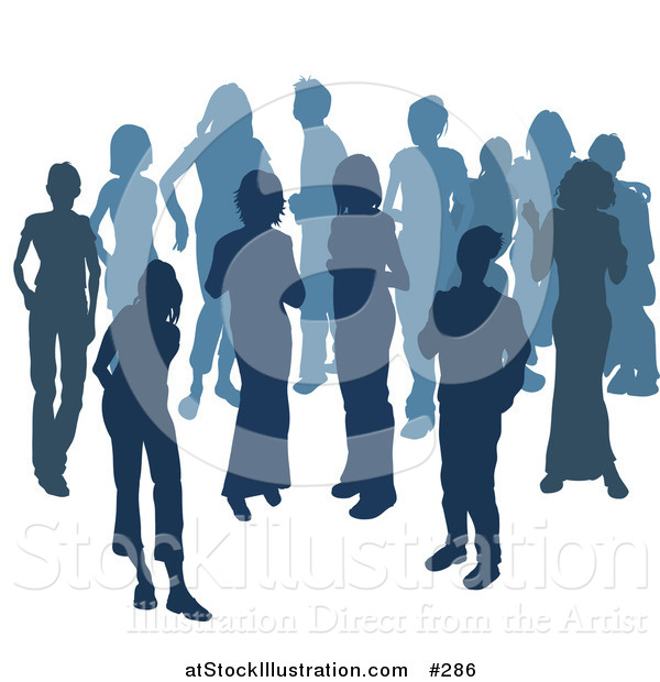 Vector Illustration of Two Women Chatting Among a Crowd of Silhouetted Blue People