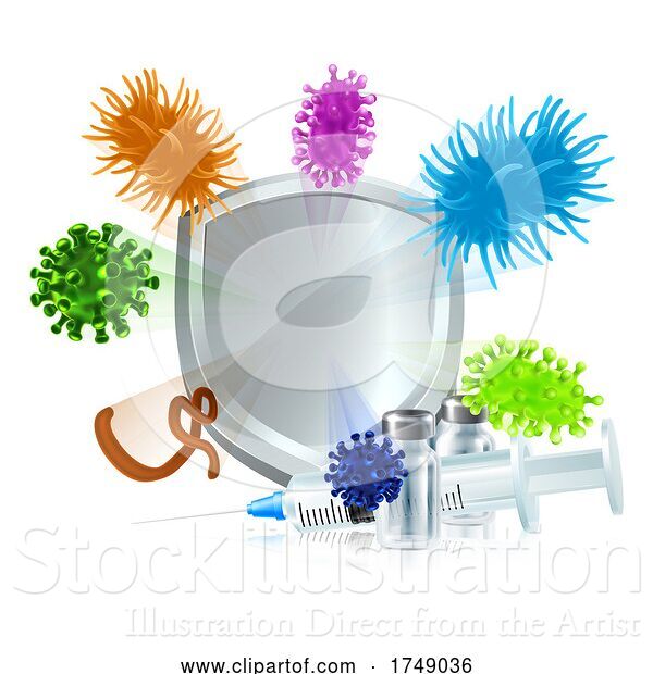 Vector Illustration of Vaccine Medicine Syringe Virus Medical Shield