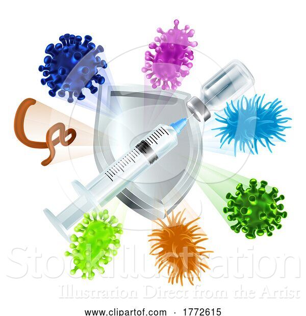 Vector Illustration of Vaccine Syringe and Vial Shield Medical Concept