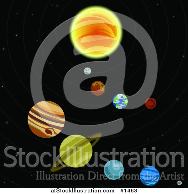 Vector Illustration of Various Colorful Planets Circling Around a Sun in a Solar System in Outer Space