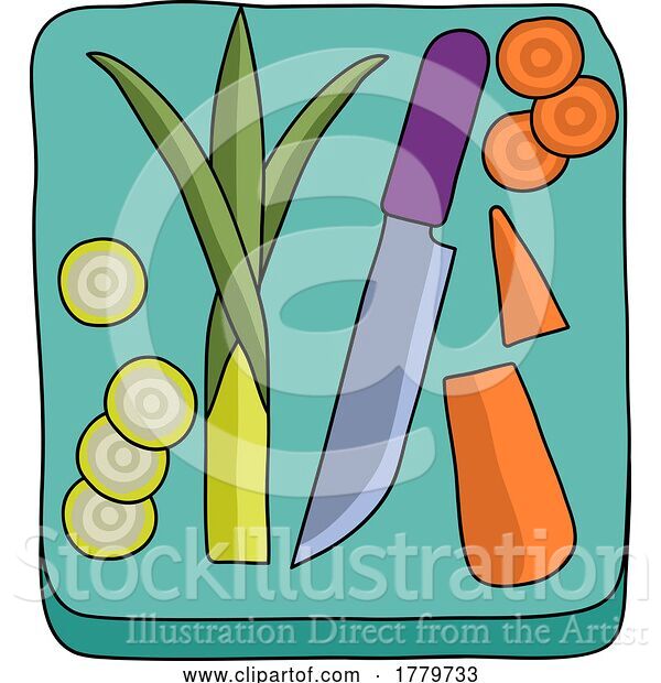 Vector Illustration of Vegetables and Knife on Chopping Cutting Board