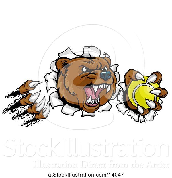 Vector Illustration of Vicious Aggressive Bear Mascot Slashing Through a Wall with a Tennis Ball in a Paw