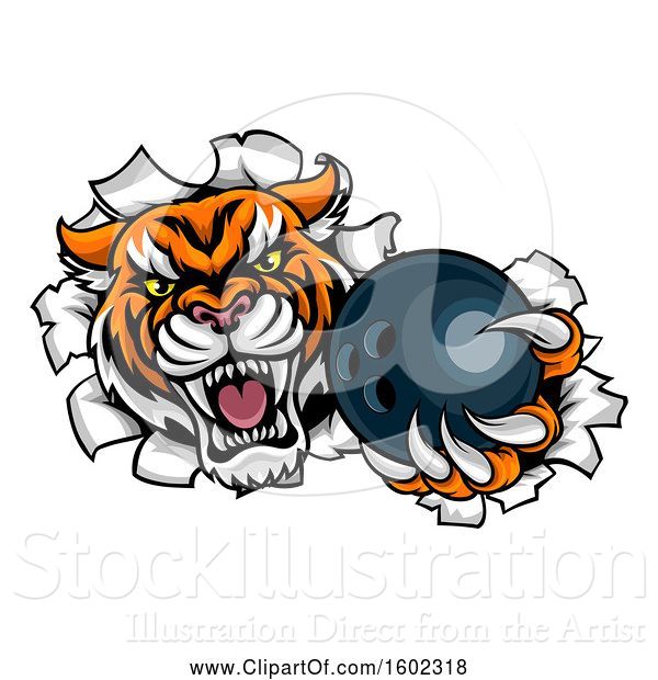 Vector Illustration of Vicious Tiger Mascot Breaking Through a Wall with a Bowling Ball