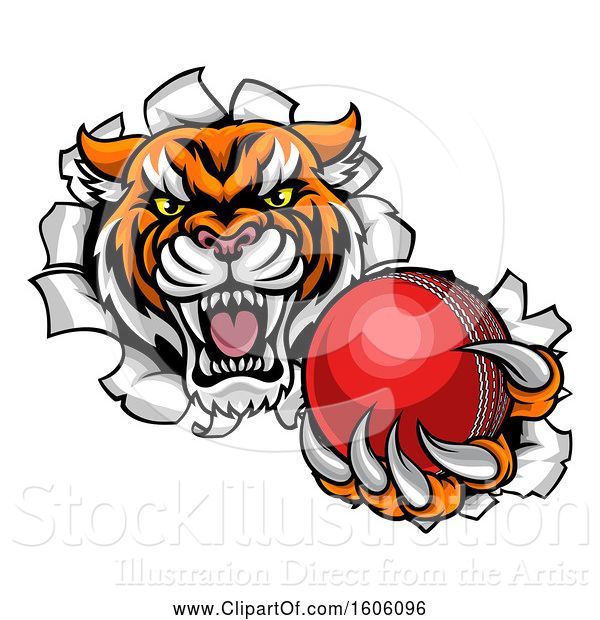 Vector Illustration of Vicious Tiger Mascot Breaking Through a Wall with a Cricket Ball