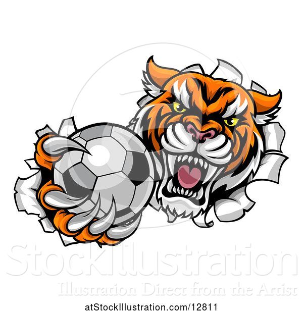 Vector Illustration of Vicious Tiger Mascot Breaking Through a Wall with a Soccer Ball