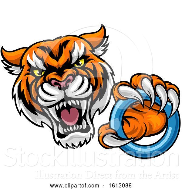 Vector Illustration of Vicious Tiger Sports Mascot Grabbing a Ringette Ring