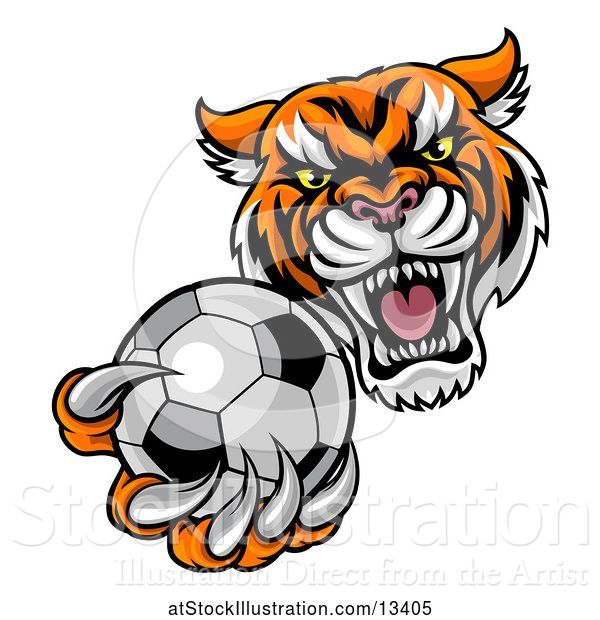 Vector Illustration of Vicious Tiger Sports Mascot Grabbing a Soccer Ball