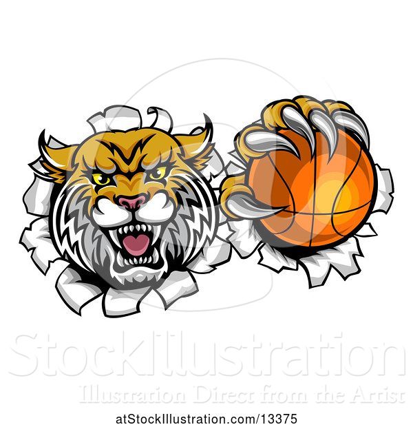 Vector Illustration of Vicious Wildcat Mascot Breaking Through a Wall with a Basketball
