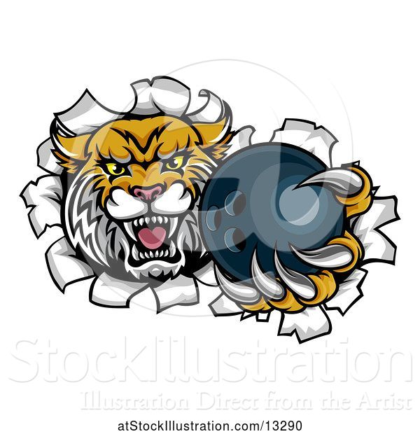 Vector Illustration of Vicious Wildcat Mascot Breaking Through a Wall with a Bowling Ball