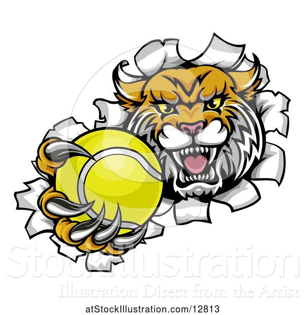 Vector Illustration of Vicious Wildcat Mascot Breaking Through a Wall with a Tennis Ball