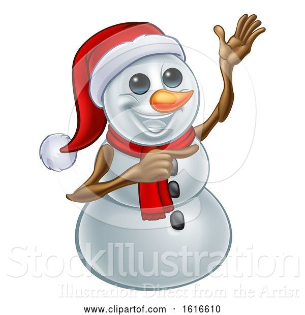Vector Illustration of Waving Snowman Wearing a Santa Hat