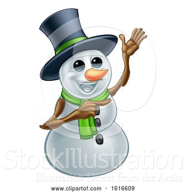 Vector Illustration of Waving Snowman Wearing a Top Hat