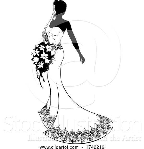 Vector Illustration of Wedding Bride Silhouette with Flowers