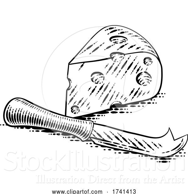 Vector Illustration of Wedge of Swiss Cheese Knife Vintage Woodcut Style