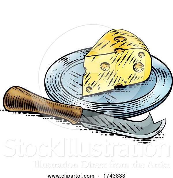 Vector Illustration of Wedge of Swiss Cheese Knife Vintage Woodcut Style