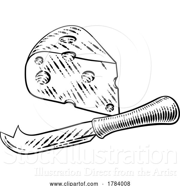 Vector Illustration of Wedge of Swiss Cheese Knife Vintage Woodcut Style