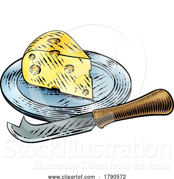 Vector Illustration of Wedge of Swiss Cheese Knife Vintage Woodcut Style