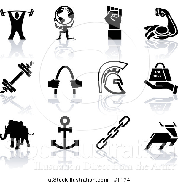 Vector Illustration of Weigh Tlifter, Man Holding Globe, Muscles, Weights, Helmet, Elephant, Anchor, Deer, and Links