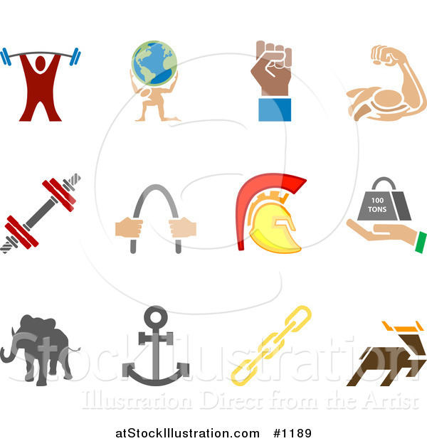 Vector Illustration of Weightlifter, Man Carrying a Globe, Fist, Muscles, Weights, Helmet, Elephant, Anchor, Links and Deer, over a White Background