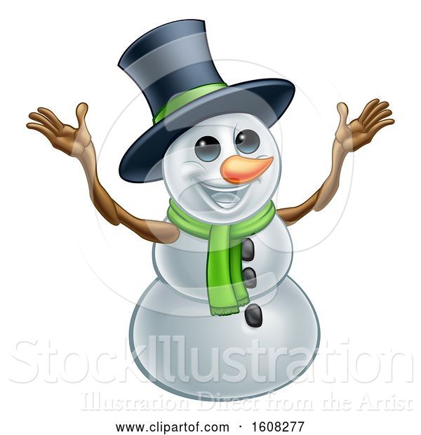 Vector Illustration of Welcoming Christmas Snowman Wearing a Green Scarf and a Top Hat