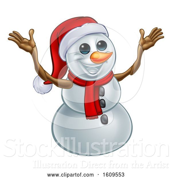 Vector Illustration of Welcoming Christmas Snowman Wearing a Scarf and a Santa Hat