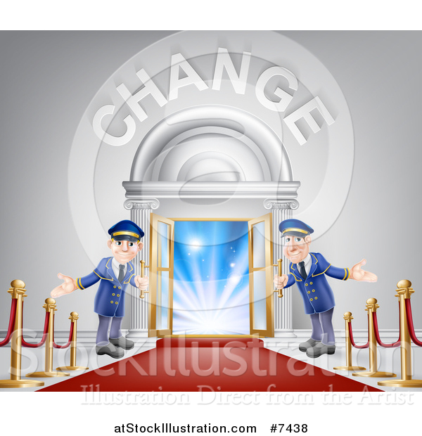 Vector Illustration of Welcoming Door Men at an Entry with a Red Carpet and Posts Under Change Text
