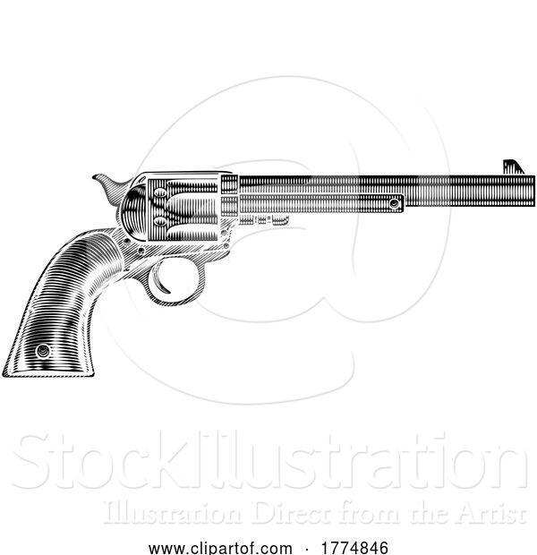 Vector Illustration of Western Cowboy Gun Pistol Revolver Woodcut Style