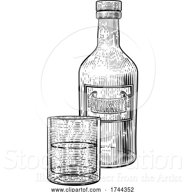 Vector Illustration of Whiskey Bottle and Glass Drink Engraving Etching