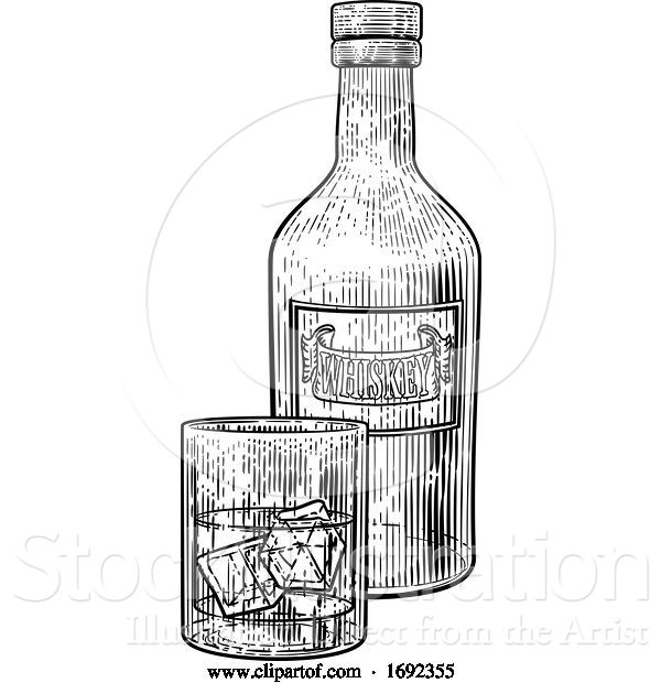 Vector Illustration of Whiskey Bottle and Glass with Ice Engraving Style