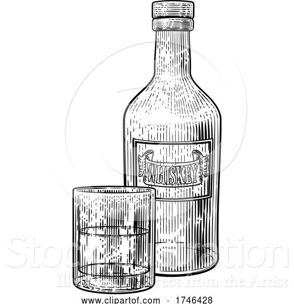 Vector Illustration of Whisky Bottle and Glass Drink Engraving Etching