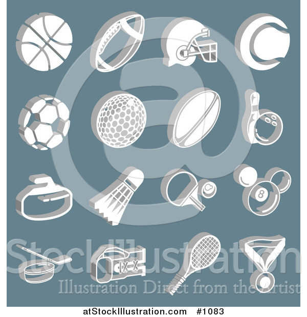 Vector Illustration of White Athletic Basketball, Football, Soccer, Golf, Rugby, Bowling, Badmitten, Ping Pong, Billiards, Hockey, Tennis, and Boxing Icons over a Blue Background