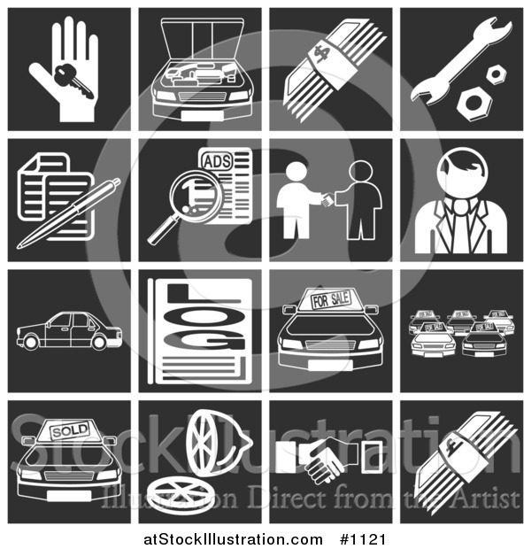 Vector Illustration of White Automotive Icons over a Black Background, Including a Car Key, Engine, Money, Tools, Documents, Classifieds, Car Dealer, Vehicles, Log, Car Lot, Lemon, and Handshake