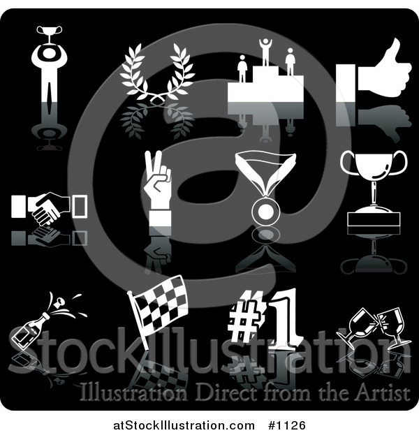 Vector Illustration of White Champion, Laurel, Winner, Thumbs Up, Handshake, Peace Gesture, Medal, Trophy, Champagne, Flag, Number 1 and Toasting Wine Glasses Sports Icons on a Black Background